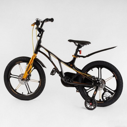Велосипед двоколісний дитячий CORSO Elit 18 дюймів, магнієва рама, магнієві диски, дискові гальма, EL30319, чорно-золотий