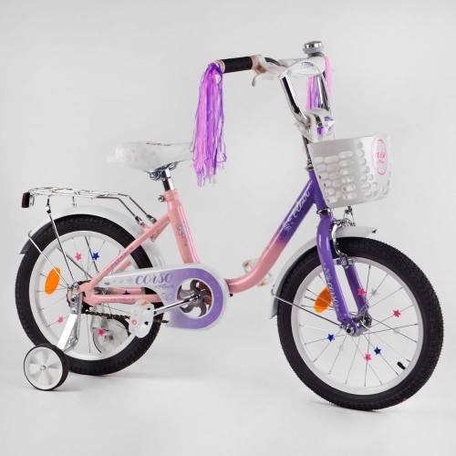 Велосипед двоколісний Corso Fleur FL-17902, 16 дюймів, для дівчаток, з багажником, кошиком, ручним гальмом, ліловий