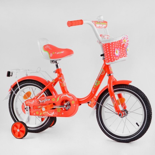 Велосипед двоколісний Corso SOFIA-N12-3, 12 дюймів, для дівчаток, з багажником, кошиком, ручним гальмом, кораловий