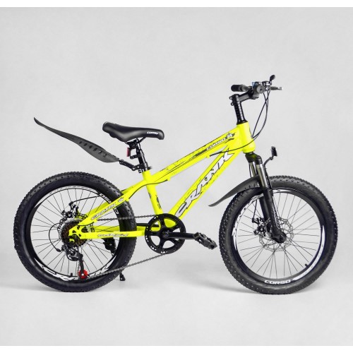 Велосипед двоколісний CORSO Crank, сталева рама, крила, колеса 20 дюймів, перемикач Saiguan, 7 швидкостей, збірка 75%, CR-20501, жовтий