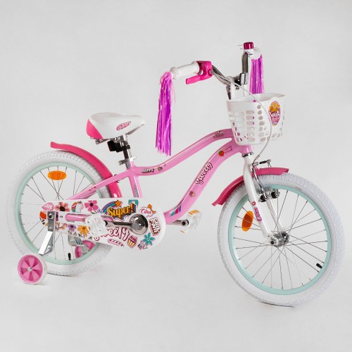 Велосипед двоколісний Corso Sweety SW-18412, 18 дюймів, для дівчаток, з кошиком, дзвіночком, ручним гальмом, рожевий