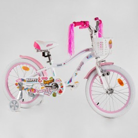 Велосипед двоколісний Corso Sweety SW-18549, 18 дюймів, для дівчаток, з кошиком, дзвіночком, ручним гальмом, біло-рожевий