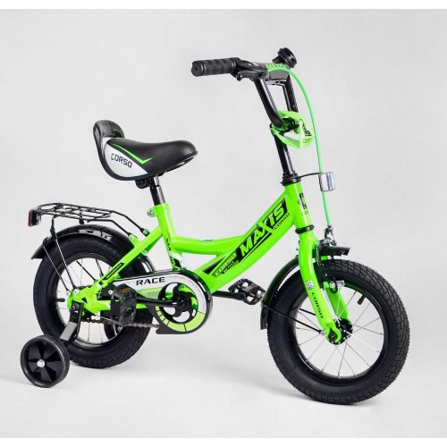 Велосипед двоколісний дитячий Corso Maxis 12 дюймів, для хлопчиків, складання 75% 12047, з дзвінком, зелений