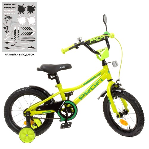 Велосипед дитячий двоколісний Profi Prime, 14 дюймів, з дзвіночком, ліхтариком, дзеркалом, збірка 75%, салатовий