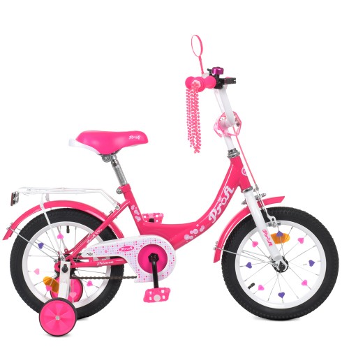 Велосипед дитячий двоколісний Profi Princess, 14 дюймів, з дзвіночком, ліхтариком, дзеркалом, для дівчинки, малиновий 