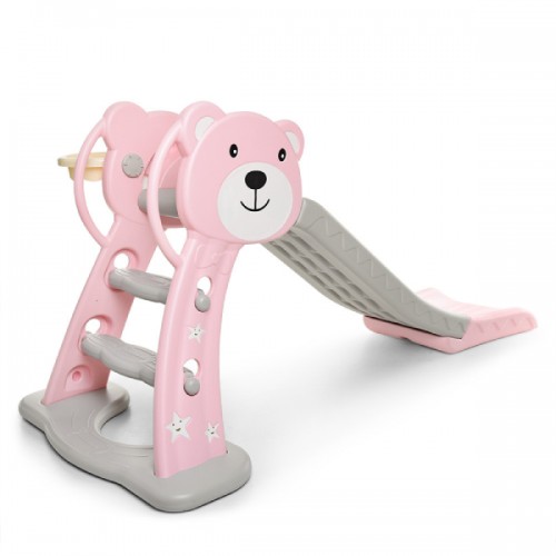 Гірка дитяча BAMBI HF-H008-8 пряма, з крутим спуском, з баскетбольним кільцем, зі сходами, рожева