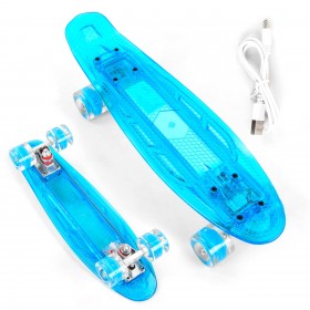 Пенні борд (Penny Board, скейт) Best Board S20855, з колесами і прозорою декою, що світяться, USB зарядкою, блакитний