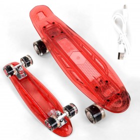 Пенні борд (Penny Board, скейт) Best Board S30966, з колесами і прозорою декою, що світяться, USB зарядкою, червоний