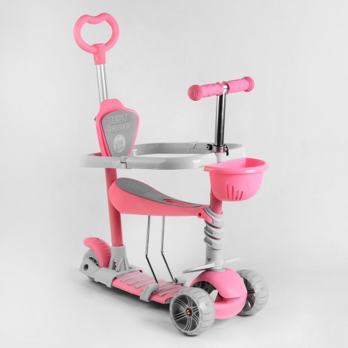 Cамокат триколісний Best Scooter Smart 5 в 1, з бортиком, що світяться колесами, корзинка, рожевий