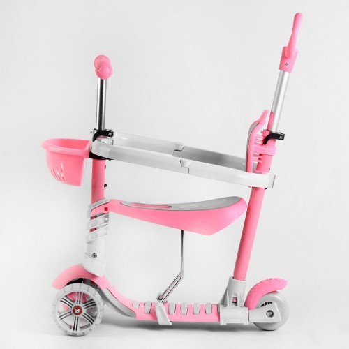 Cамокат триколісний Best Scooter Smart 5 в 1, з бортиком, що світяться колесами, корзинка, рожевий