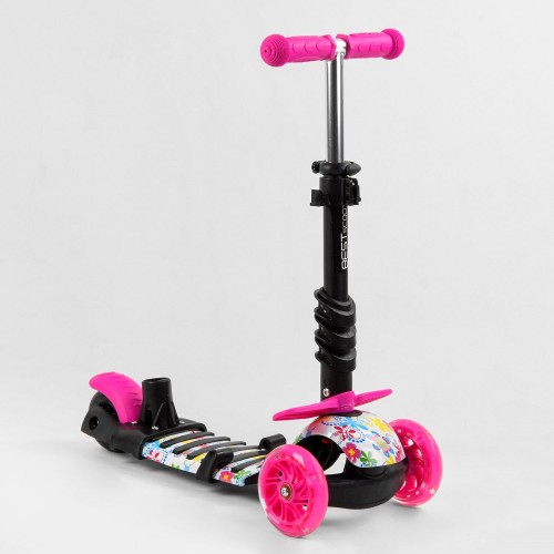 Cамокат триколісний Best Scooter Graffiti 5 в 1, з бортиком, колесами, що світяться, S5593, божа корівка, рожевий