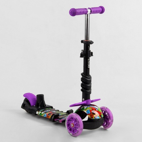 Cамокат триколісний Best Scooter Graffiti 5 в 1, з бортиком, колесами, що світяться, S6305, божа корівка, фіолетовий