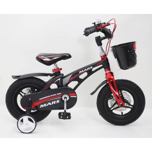 Дитячий велосипед MARS 12 дюймів, магнієва рама, 2 дискових гальма, кошик, складане кермо, чорний