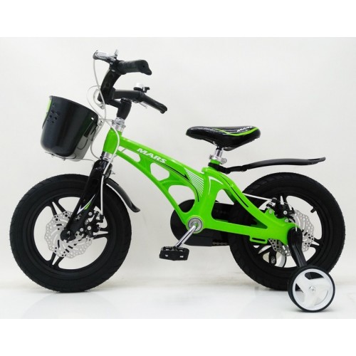 Дитячий велосипед MARS 14 дюймів, магнієва рама, 2 дискових гальма, складане кермо, кошик, зелений