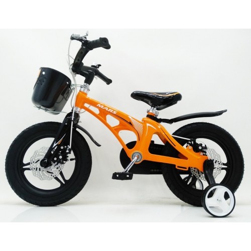 Дитячий велосипед MARS 14 дюймів, магнієва рама, 2 дискових гальма, складане кермо, кошик, помаранчевий