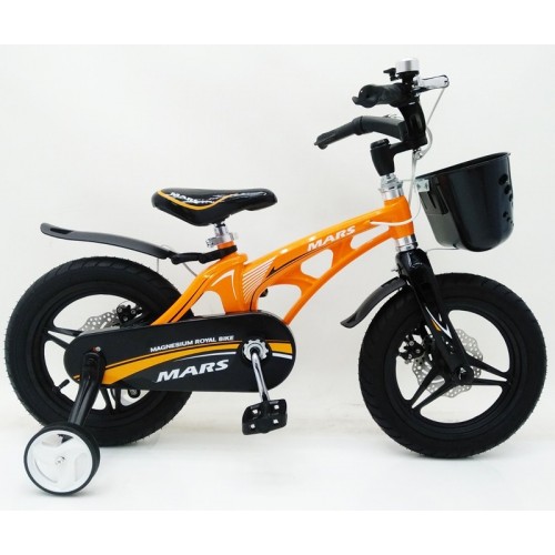 Дитячий велосипед MARS 14 дюймів, магнієва рама, 2 дискових гальма, складане кермо, кошик, помаранчевий