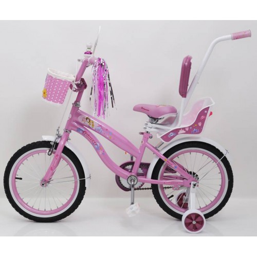 Дитячий велосипед Rueda Princess, 16 дюймів 16-03B, з кошиком для ляльок, з батьківською ручкою, рожевий