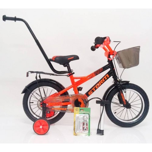 Велосипед дитячий Hammer Storm 14 "c кошиком, пляшкою, ремкомпелктом, батьківською ручкою, помаранчевий