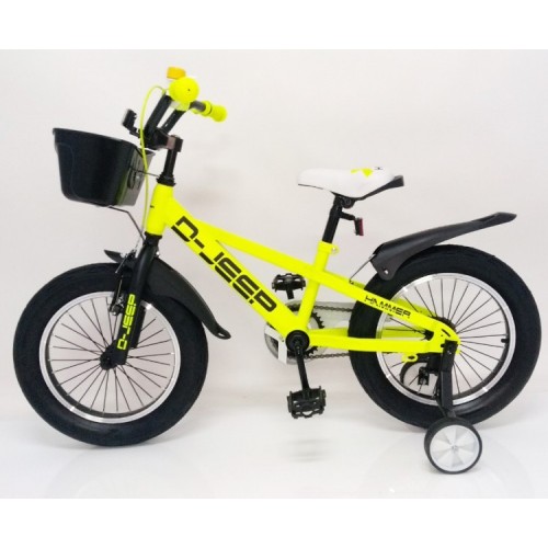 Дитячий велосипед HAMMER D-JEEP, 16 дюймів, широкі колеса, з кошиком, пляшкою, насосом і ремкомплектом, жовтий