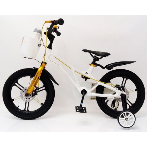 Дитячий двоколісний велосипед GALAXY, 16 дюймів, магнієва рама, дискові гальма, з кошиком, пляшкою, білий 