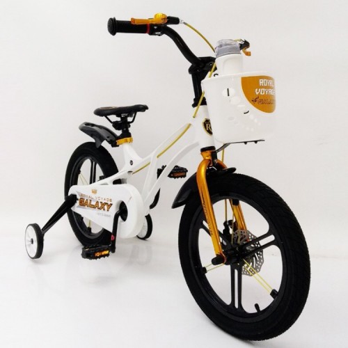 Дитячий двоколісний велосипед GALAXY, 16 дюймів, магнієва рама, дискові гальма, з кошиком, пляшкою, білий 