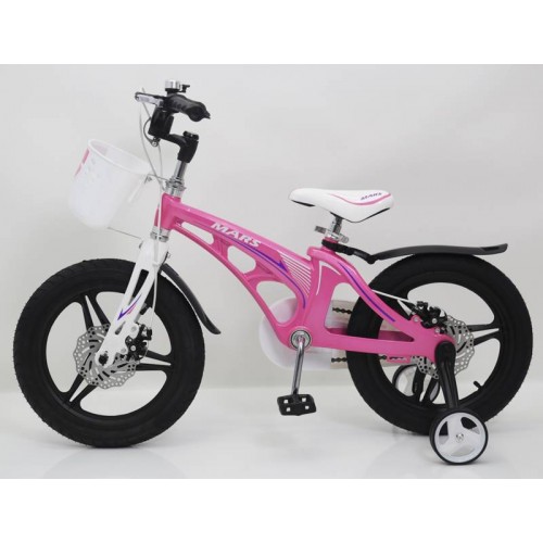 Дитячий велосипед MARS 16 дюймів, магнієва рама, 2 дискових гальма, складаний кермо, корзина, рожевий