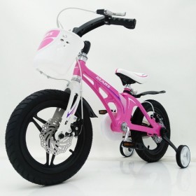 Дитячий велосипед MARS 14 дюймів, магнієва рама, 2 дискових гальма, складане кермо, кошик, рожевий