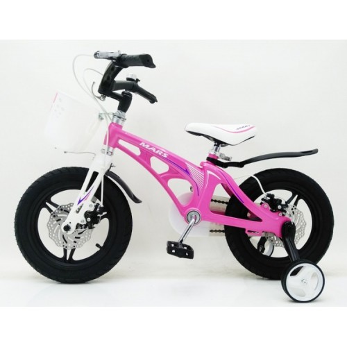 Дитячий велосипед MARS 14 дюймів, магнієва рама, 2 дискових гальма, складане кермо, кошик, рожевий