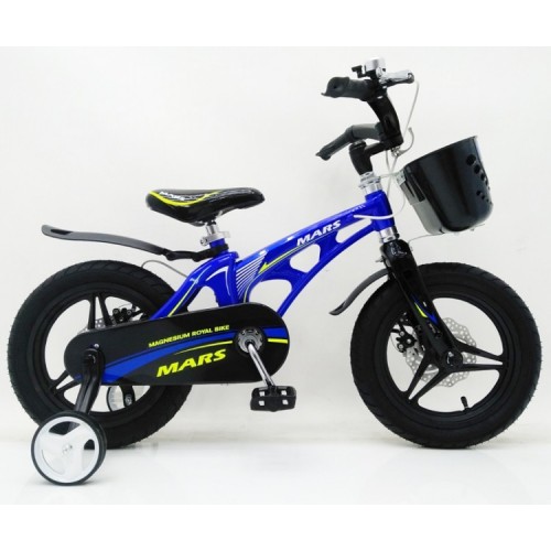 Дитячий велосипед MARS 14 дюймів, магнієва рама, 2 дискових гальма, складане кермо, кошик, синій