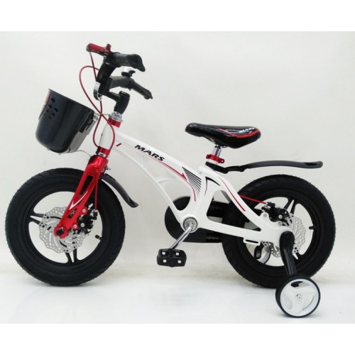 Дитячий велосипед MARS 14 дюймів, магнієва рама, 2 дискових гальма, складане кермо, кошик, білий