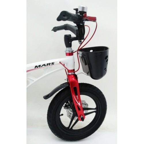 Дитячий велосипед MARS 14 дюймів, магнієва рама, 2 дискових гальма, складане кермо, кошик, білий
