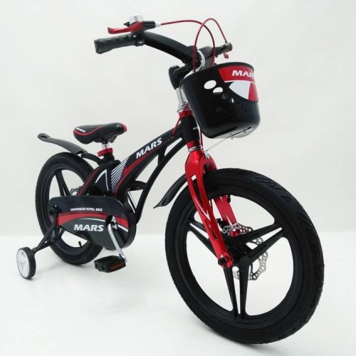 Дитячий двоколісний велосипед MARS 18 дюймів, магнієва рама, 2 дискових гальма, складаний кермо, кошик, чорний