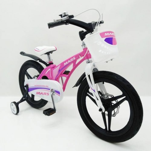 Дитячий двоколісний велосипед MARS 18 дюймів, магнієва рама, 2 дискових гальма, складаний кермо, кошик, рожевий