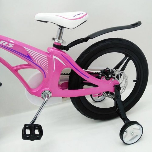 Дитячий двоколісний велосипед MARS 18 дюймів, магнієва рама, 2 дискових гальма, складаний кермо, кошик, рожевий