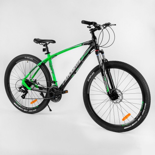 Спортивний велосипед CORSO Atlantis 29 дюймів, рама алюмінієва, обладнання Shimano 21 швидкість, 66000, чорно-зелений