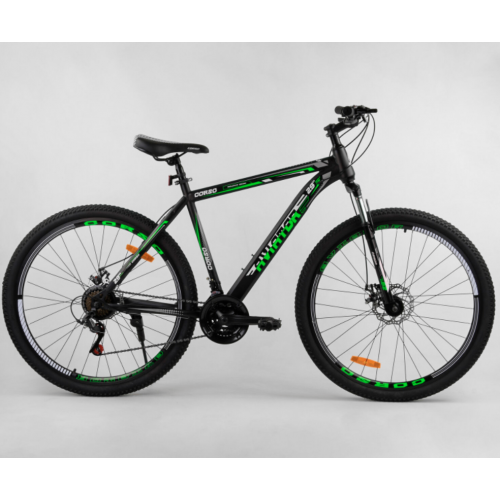 Велосипед спортивний CORSO AVIATOR 93499, 29 дюймів, сталева рама 20 дюймів, 21 швидкість, чорно-зелений