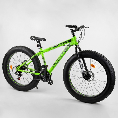 Велосипед спортивний Фетбайк CORSO FIGHTER 40953, 26 дюймів, сталева рама 15 дюймів, 21 швидкість, зелений