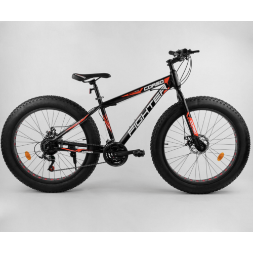 Велосипед спортивний Фетбайк CORSO FIGHTER 96405, 26 дюймів, сталева рама 15 дюймів, 21 швидкість, чорно-червоний