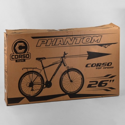 Спортивний велосипед CORSO Phantom 26" 88107 рама металева, SunRun 21 швидкість, крила, багажник, чорний