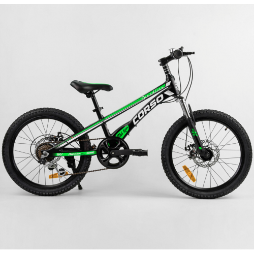 Велосипед спортивний дитячий CORSO Speedline MG-74290, 20 дюймів, магнієва рама 11 дюймів, 7 швидкостей, чорно-зелений