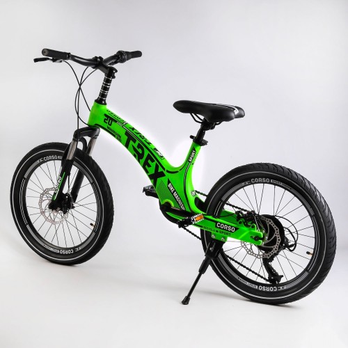 Велосипед спортивный детский CORSO T-REX 21455, 20 дюймов, магниевая рама, дисковые тормоза, 7 скоростей, Зеленый