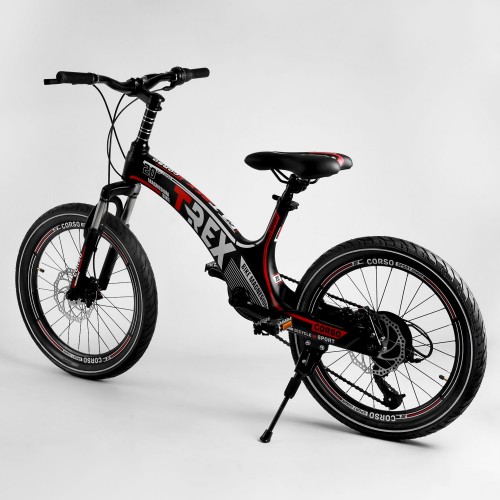 Велосипед спортивний дитячий CORSO T-REX 41777, 20 дюймів, магнієва рама, дискові гальма, 7 швидкостей, чорно-червоний