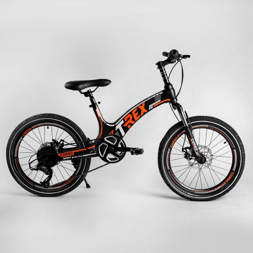 Велосипед спортивний дитячий CORSO T-REX 70432, 20 дюймів, магнієва рама, дискові гальма, 7 швидкостей, чорно-помаранчевий