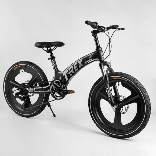 Велосипед спортивний дитячий CORSO T-REX TR-66205, 20 дюймів, магнієва рама і обод, дискові гальма, 7 швидкостей, чорно-білий