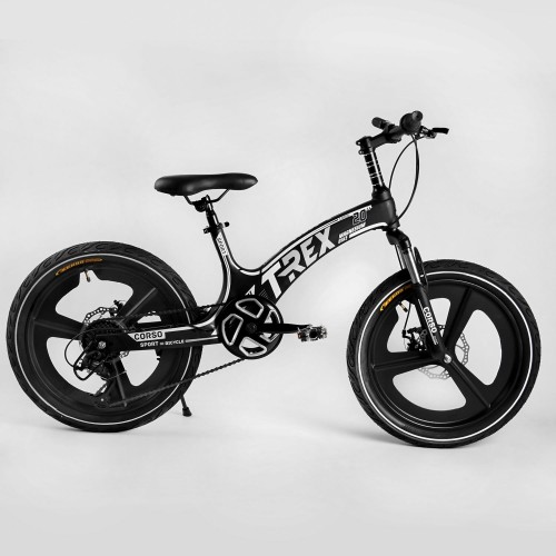 Велосипед спортивный детский CORSO T-REX TR66205, 20 дюймов, магниевая рама и обод, дисковые тормоза, 7 скоростей, Черно-белый