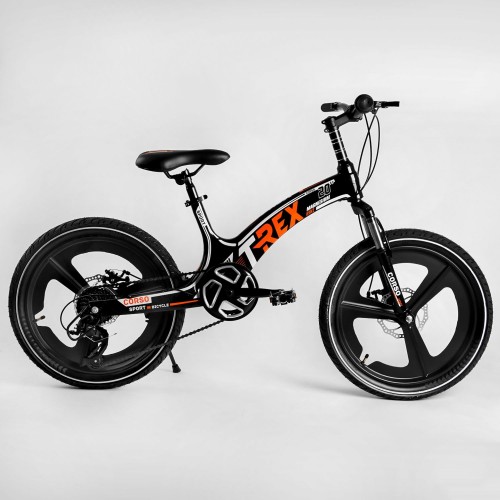 Велосипед спортивный детский CORSO T-REX TR77006, 20 дюймов, магниевая рама и обод, дисковые тормоза, 7 скоростей, Черно-оранжевый