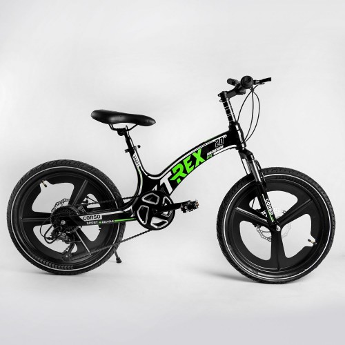 Велосипед спортивный детский CORSO T-REX TR88103, 20 дюймов, магниевая рама и обод, дисковые тормоза, 7 скоростей, Черно-зеленый
