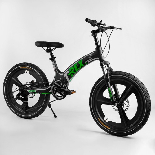 Велосипед спортивний дитячий CORSO T-REX TR-88103, 20 дюймів, магнієва рама і обод, дискові гальма, 7 швидкостей, чорно-зелений