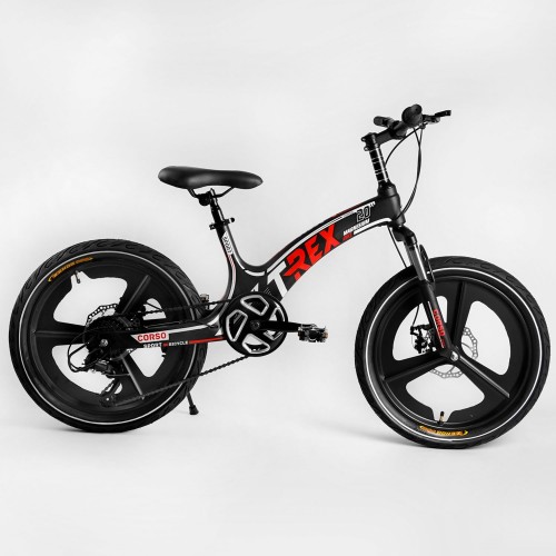 Велосипед спортивний дитячий CORSO T-REX TR-97001, 20 дюймів, магнієва рама і обод, дискові гальма, 7 швидкостей, чорно-червоний
