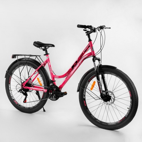 Спортивний велосипед CORSO URBAN 26 "дюймів 69052 рама металева, SunRun 21 швидкість, крила, багажник, рожевий